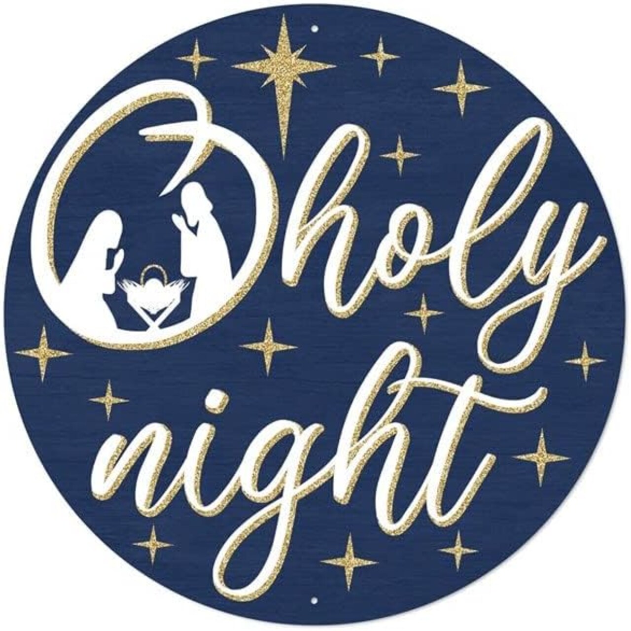 Oh Holy Night 12" Christmas Wreath Sign Centerpiece, Flat Round Metal Plate - For Craft Accents and Decorations (Holy Night - Navy Blue, Gold, White, 12" Dia)